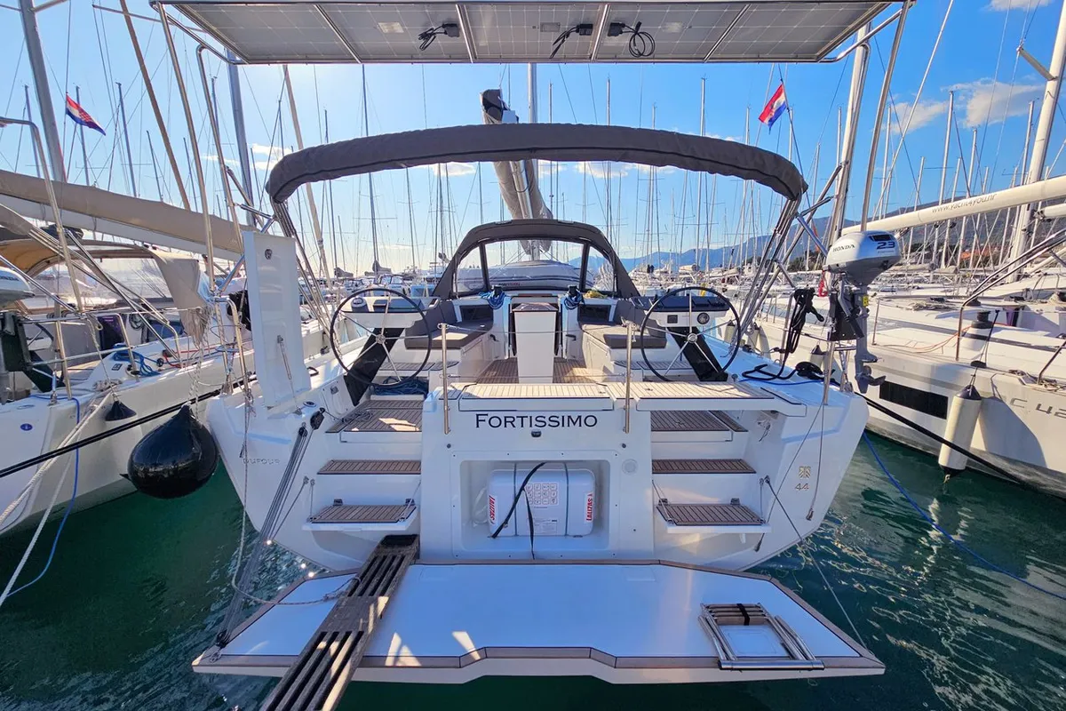 Exterior view of Fortissimo, a Dufour 44 sailboat at Kaštela, Croatia