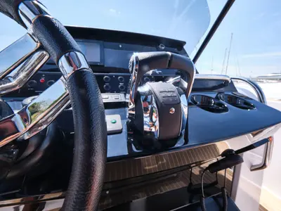 Cockpit of Roll, a Pardo 38 motorboat at Ibiza, Spain