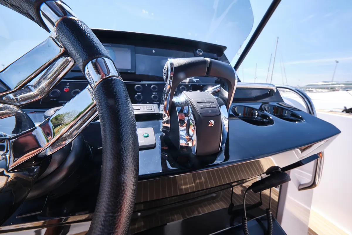 Cockpit of Roll, a Pardo 38 motorboat at Ibiza, Spain