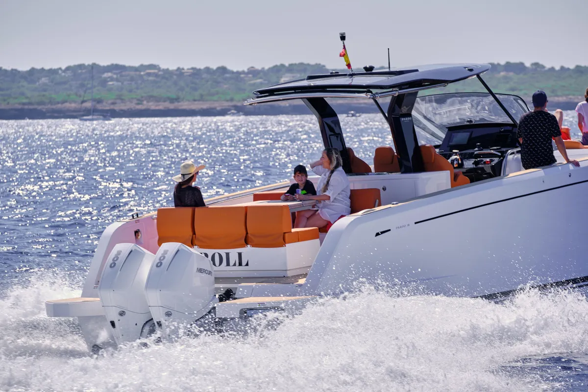 Exterior view of Roll, a Pardo 38 motorboat at Ibiza, Spain