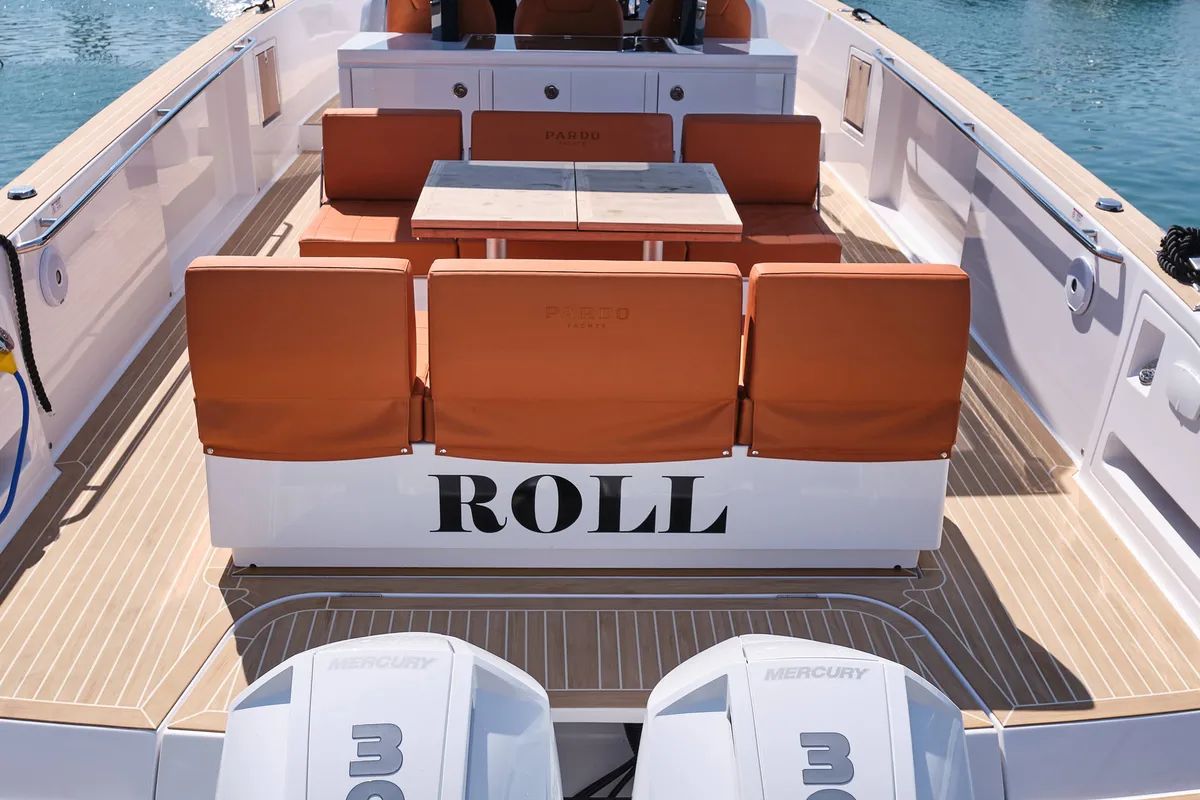 Deck of Roll, a Pardo 38 motorboat at Ibiza, Spain
