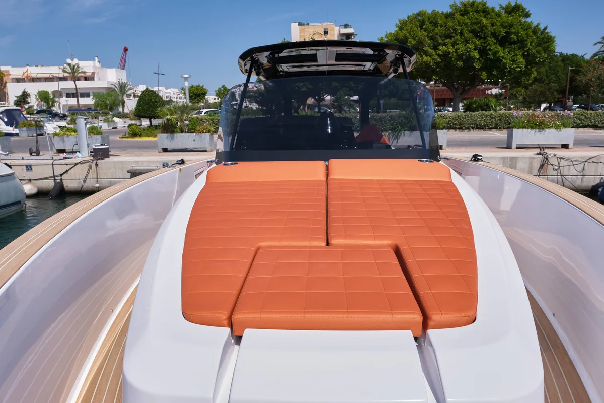 Deck of Roll, a Pardo 38 motorboat at Ibiza, Spain