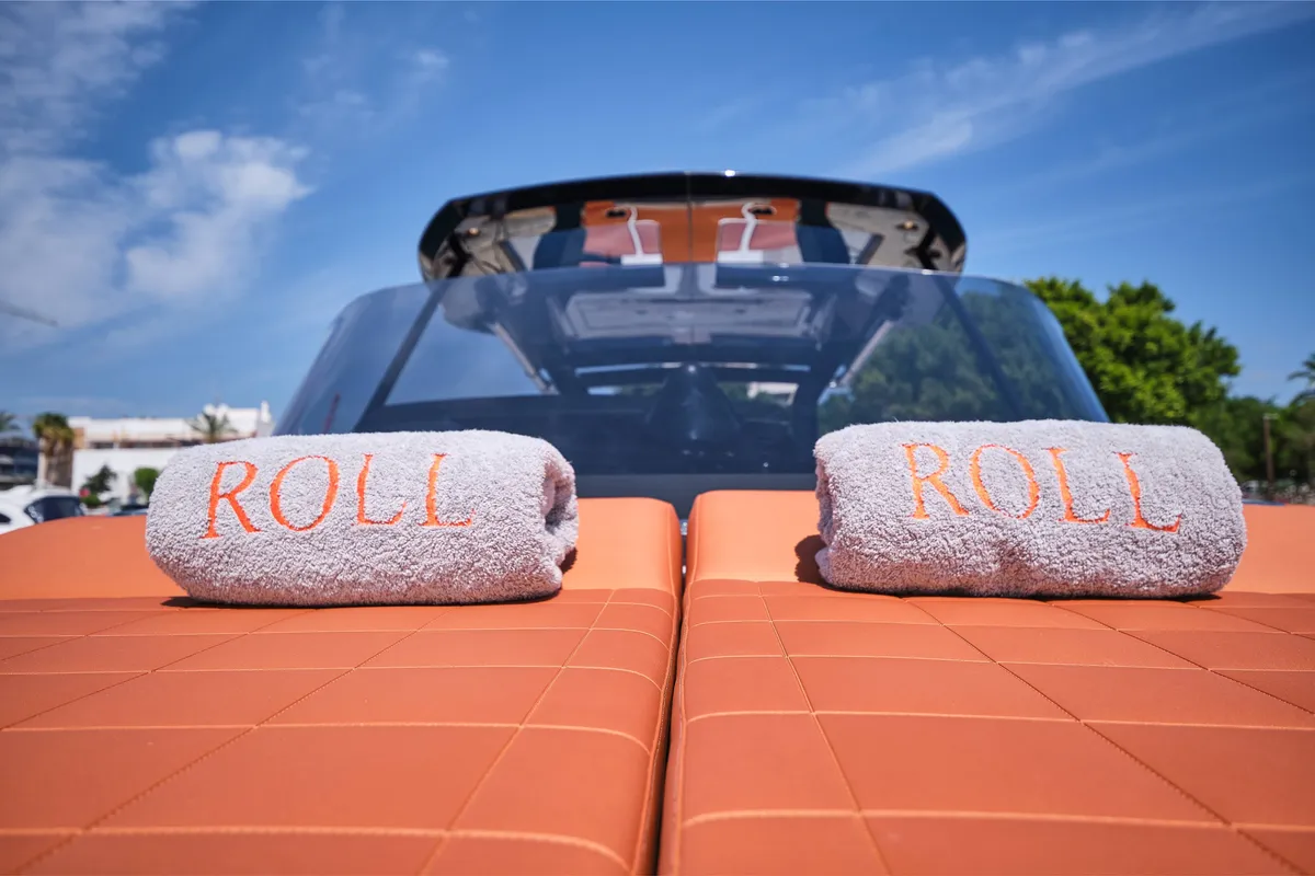 Deck of Roll, a Pardo 38 motorboat at Ibiza, Spain