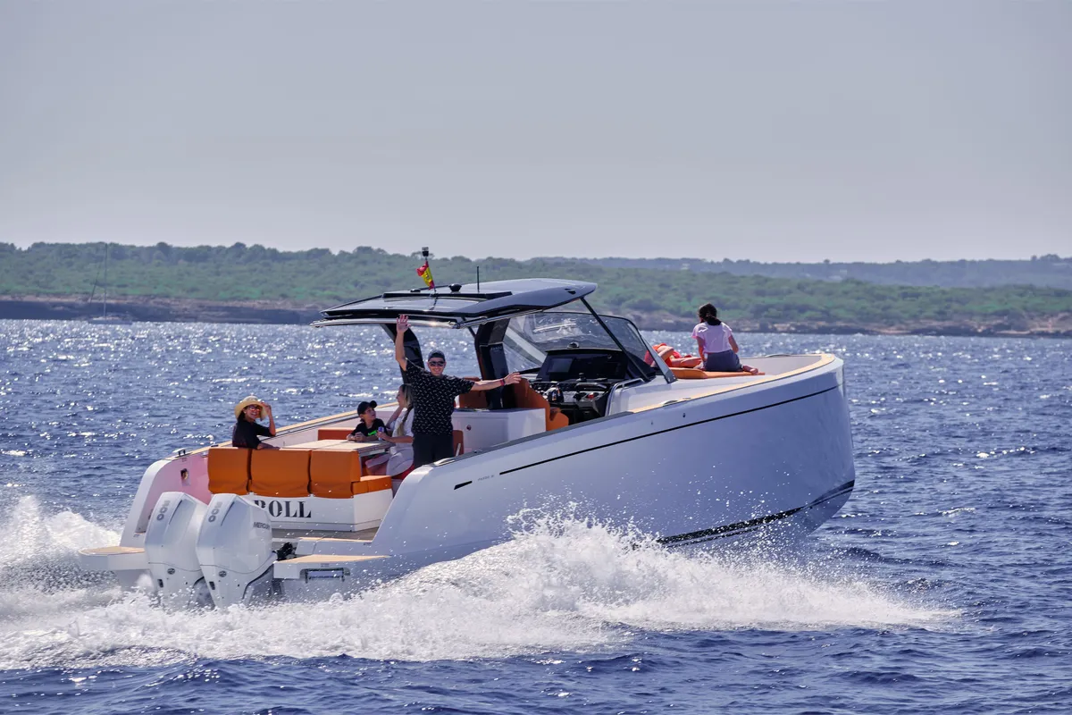 Exterior view of Roll, a Pardo 38 motorboat at Ibiza, Spain