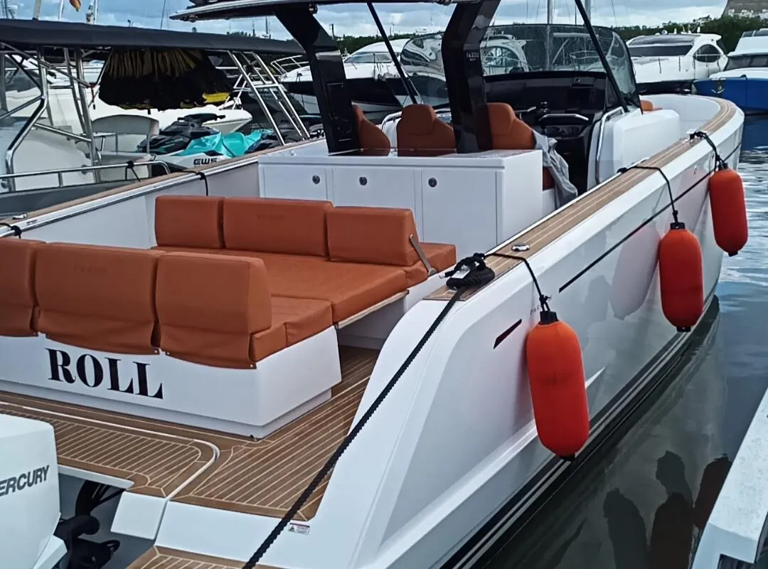 Deck of Roll, a Pardo 38 motorboat at Ibiza, Spain