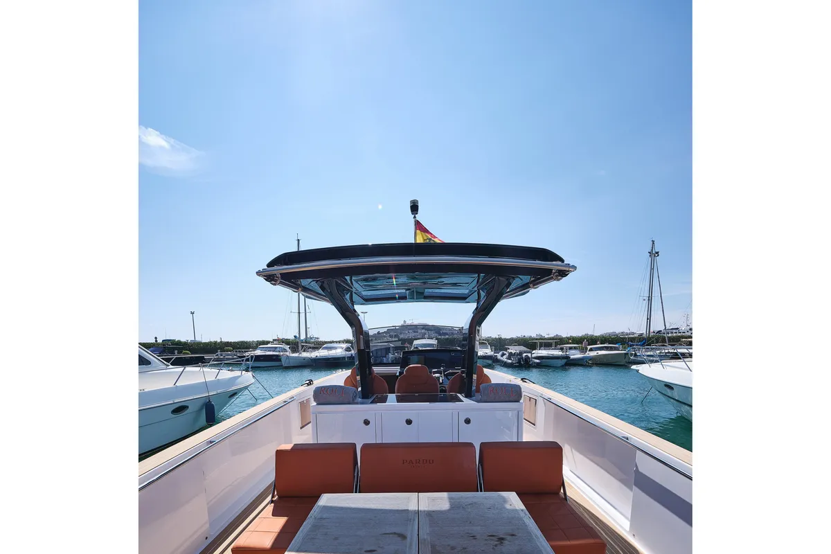 Deck of Roll, a Pardo 38 motorboat at Ibiza, Spain