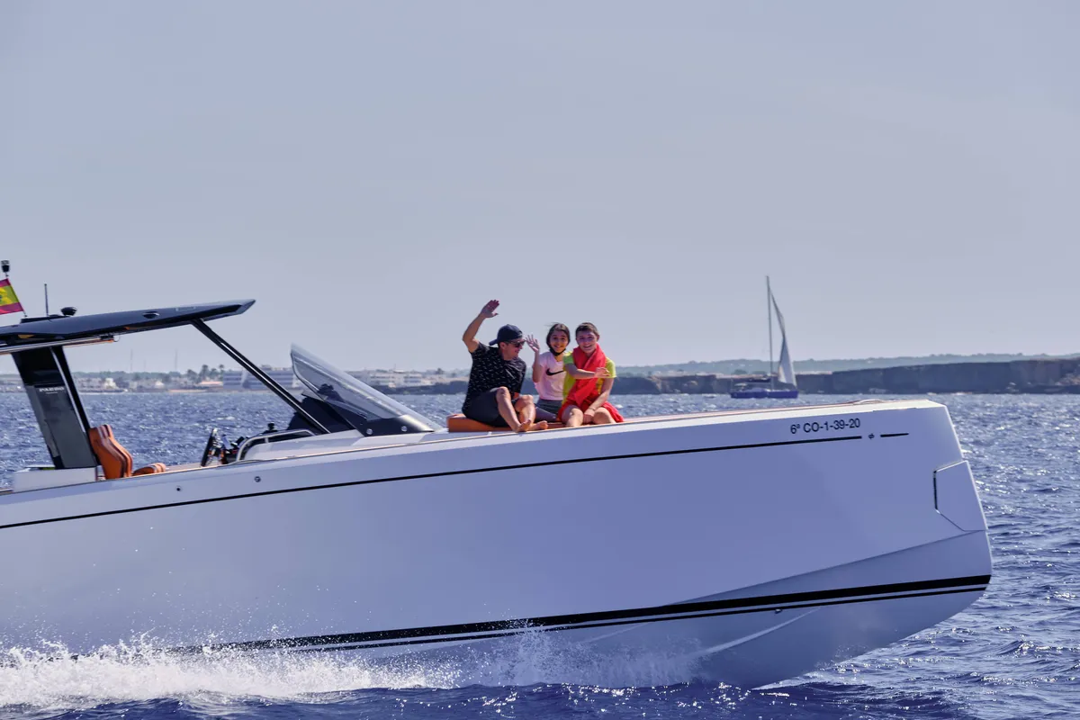 Exterior view of Roll, a Pardo 38 motorboat at Ibiza, Spain