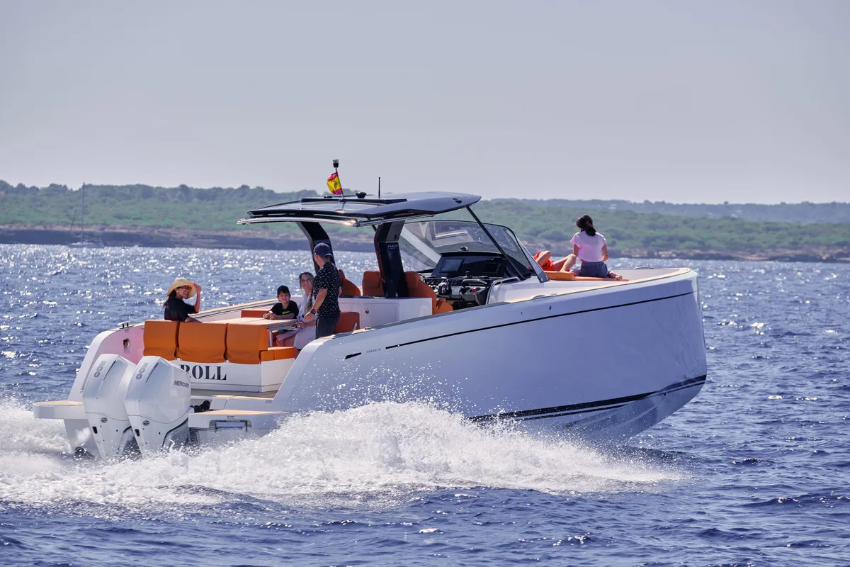 Exterior view of Roll, a Pardo 38 motorboat at Ibiza, Spain
