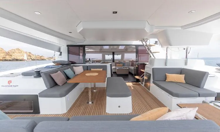 Deck of Nalu, a Fountaine Pajot Elba 45 catamaran at Road Town, British Virgin Islands