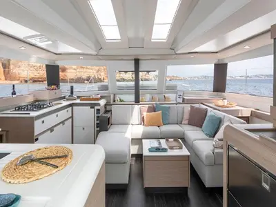 Salon of Nalu, a Fountaine Pajot Elba 45 catamaran at Road Town, British Virgin Islands