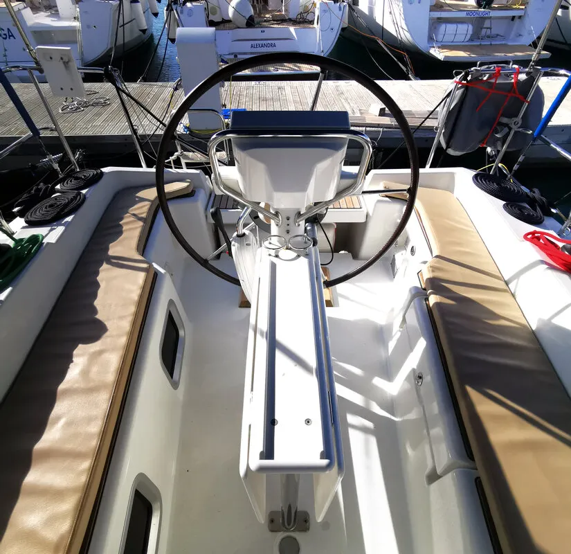 Cockpit of Paola, a Jeanneau Sun Odyssey 33i sailboat at Novi Vinodolski, Croatia