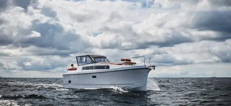 Exterior view of Holland, a Northman Nexus Revo 870 Prestige motorboat at Sztynort, Poland