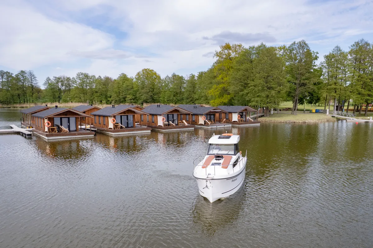 Exterior view of Holland, a Northman Nexus Revo 870 Prestige motorboat at Sztynort, Poland