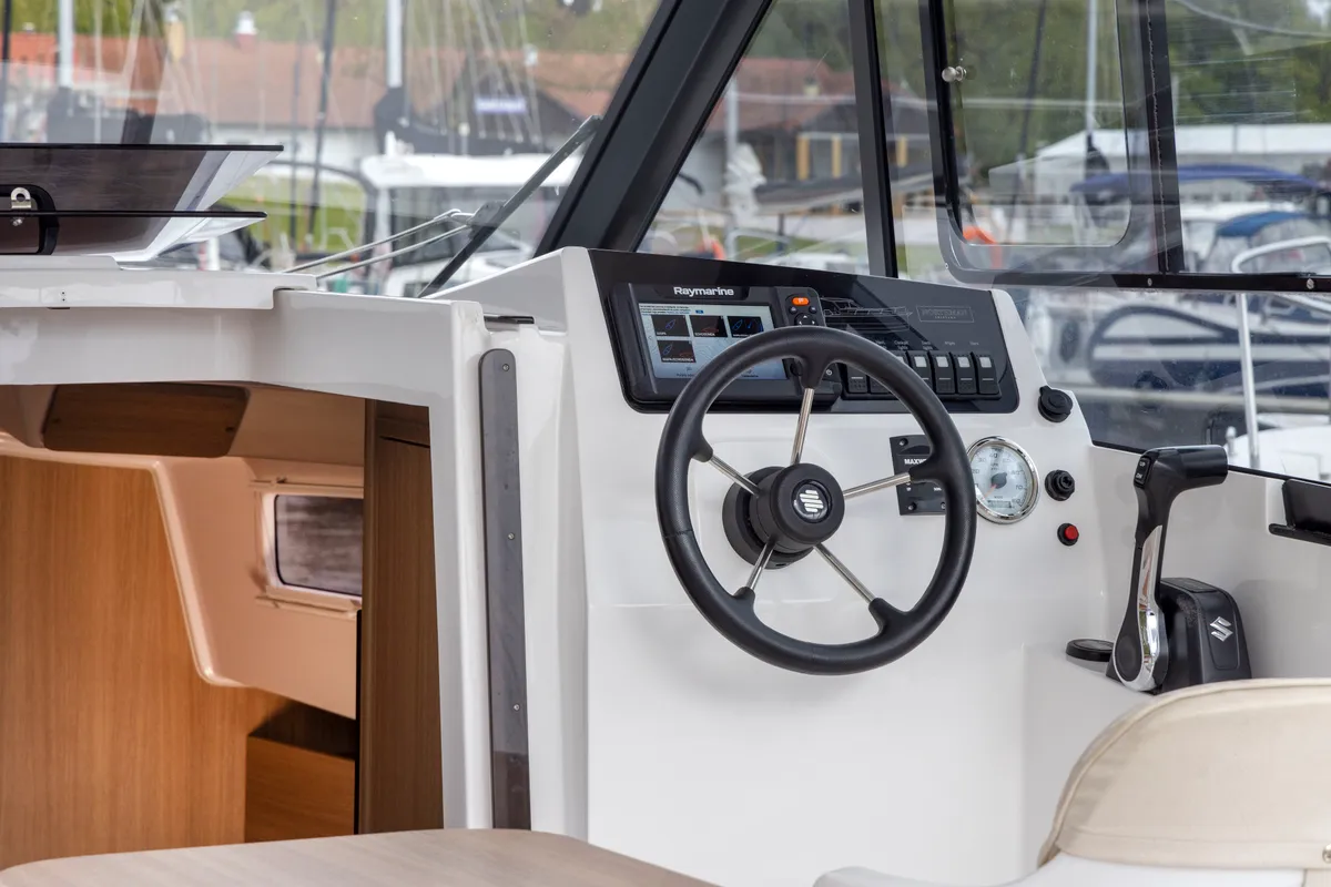 Cockpit of Holland, a Northman Nexus Revo 870 Prestige motorboat at Sztynort, Poland
