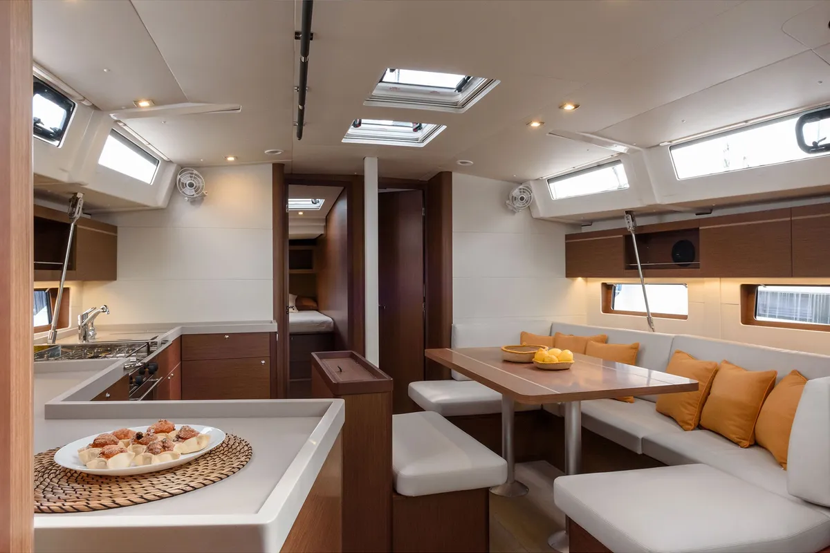 Salon of Circe - Water maker, Solar Panel, a Beneteau Oceanis 46.1 sailboat at Cannigione, Italy