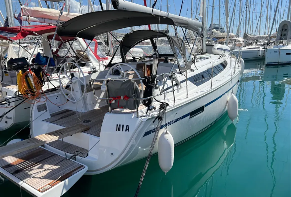 Exterior view of Mia, a Bavaria Cruiser 37 sailboat at Split, Croatia