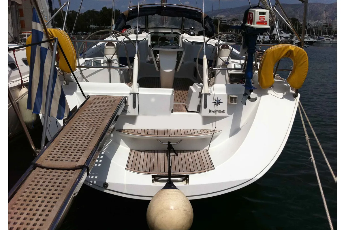 Cockpit of Idrea, a Jeanneau Sun Odyssey 49 DS sailboat at Lavreotiki Municipal Unit, Greece