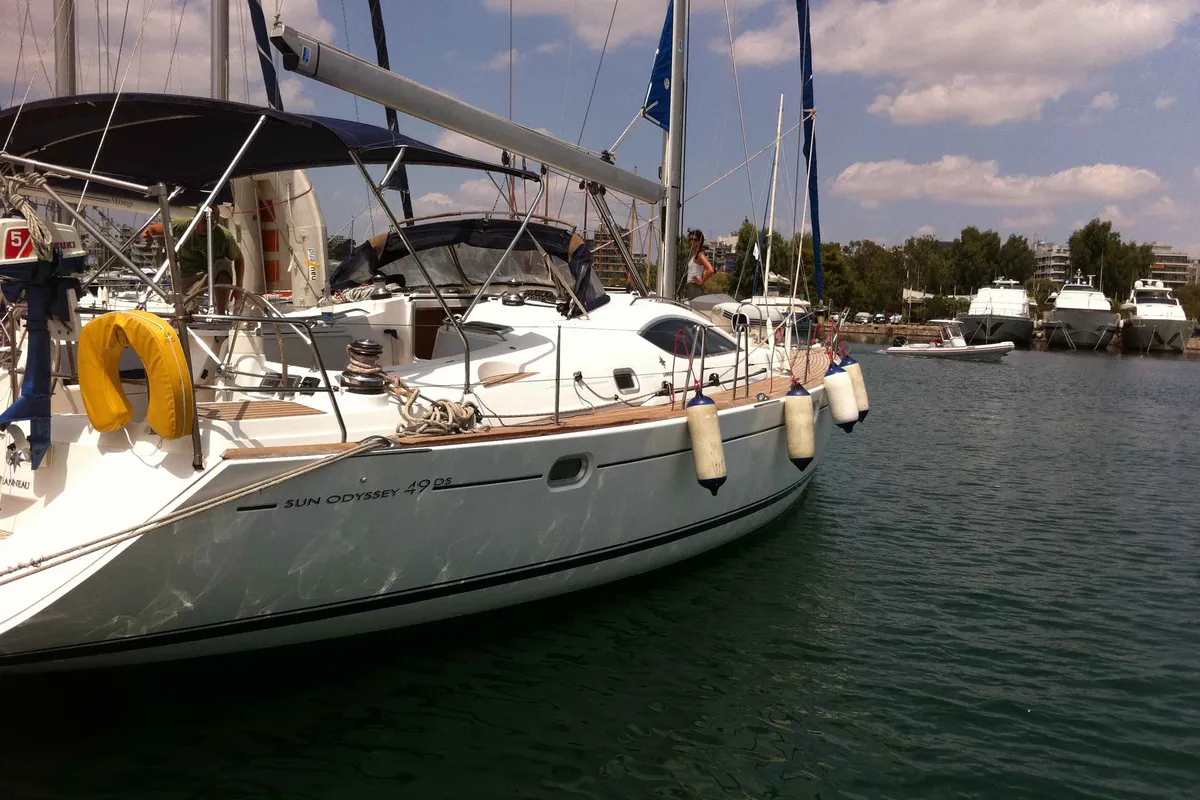 Exterior view of Idrea, a Jeanneau Sun Odyssey 49 DS sailboat at Lavreotiki Municipal Unit, Greece