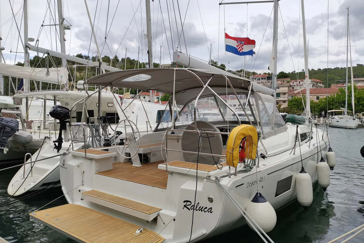 Exterior view of Raluca, a Beneteau Oceanis 46.1 sailboat at Skradin, Croatia