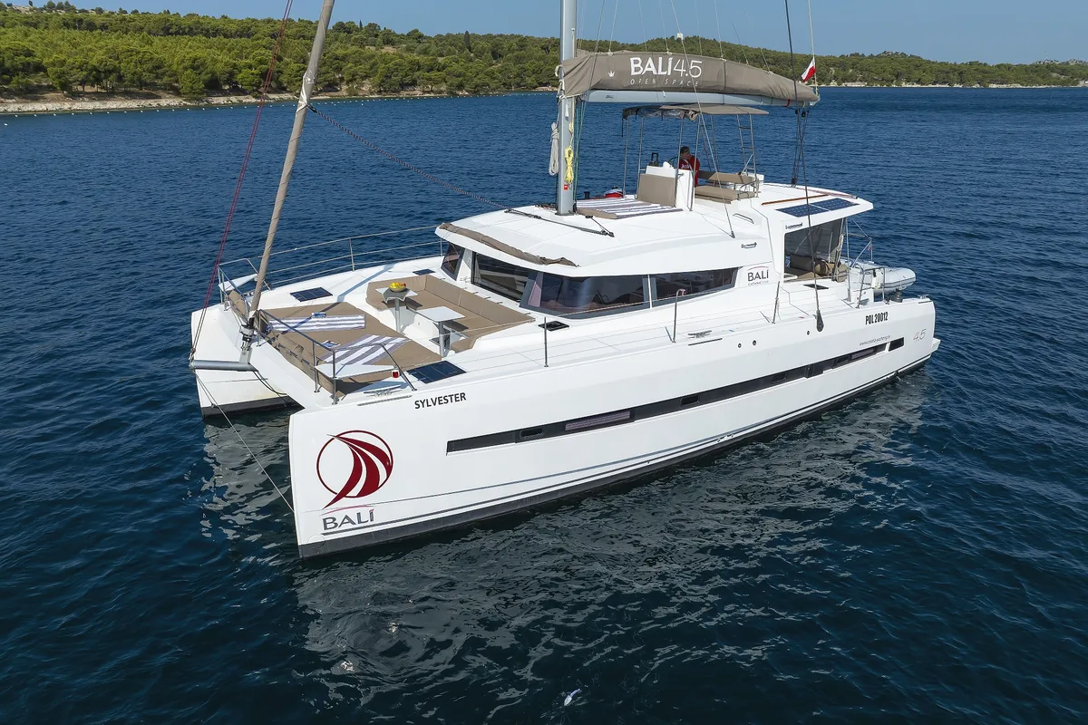 Exterior view of Sylvester, a Bali 4.5 catamaran at Grad Šibenik, Croatia
