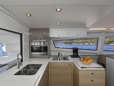 Cockpit of Sylvester, a Bali 4.5 catamaran at Grad Šibenik, Croatia
