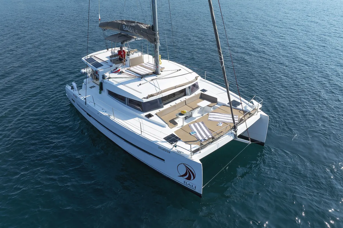 Exterior view of Sylvester, a Bali 4.5 catamaran at Grad Šibenik, Croatia