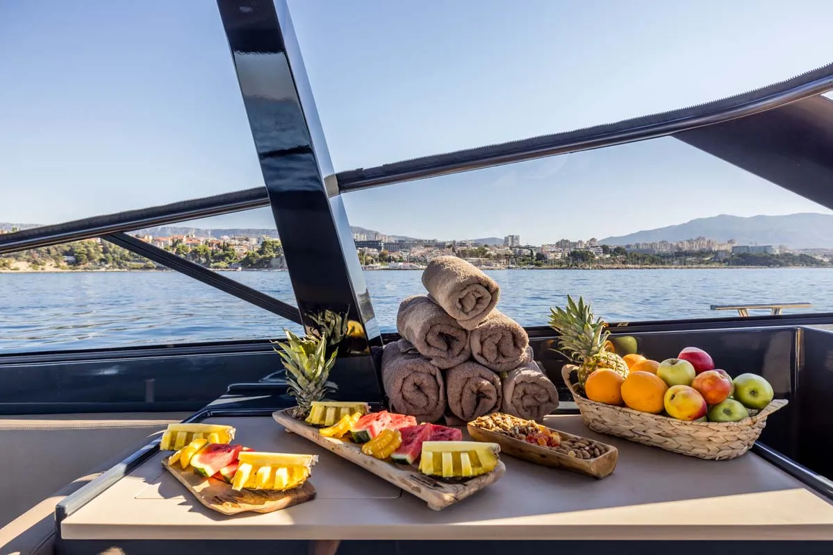 Deck of Gariful 2, a Colnago 45 motor yacht at Split, Croatia