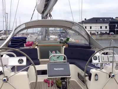 Cockpit of Aurelia, a Hanse 531 sailboat at Tallinn, Estonia