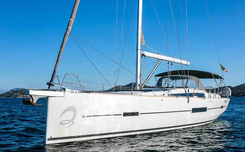 Exterior view of Sofia, a Dufour 512 Grand Large sailboat at Olbia, Italy