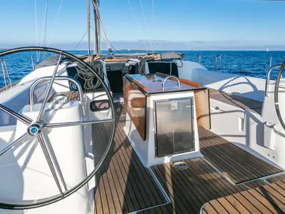 Cockpit of Sofia, a Dufour 512 Grand Large sailboat at Olbia, Italy