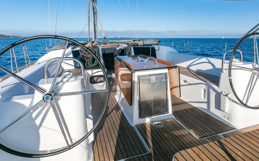 Cockpit of Sofia, a Dufour 512 Grand Large sailboat at Olbia, Italy