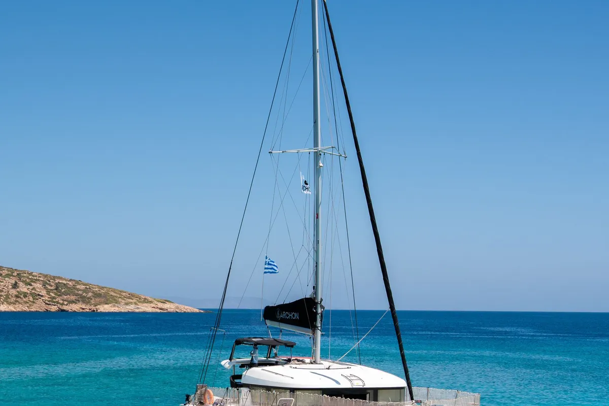 Exterior view of Destiny, a Lagoon 40 catamaran at Kos, Greece