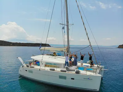 Exterior view of Excellent, a Lagoon 400 catamaran at Sithonia, Greece