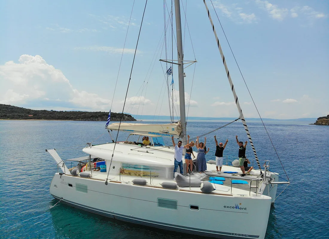 Exterior view of Excellent, a Lagoon 400 catamaran at Sithonia, Greece