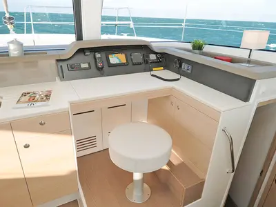 Cockpit of Talitha, a Bali 4.1 catamaran at Palermo, Italy