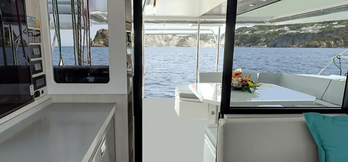 Deck of Sunsail 454L Classic, a Leopard 45 catamaran at Municipal Unit of Lefkada, Greece