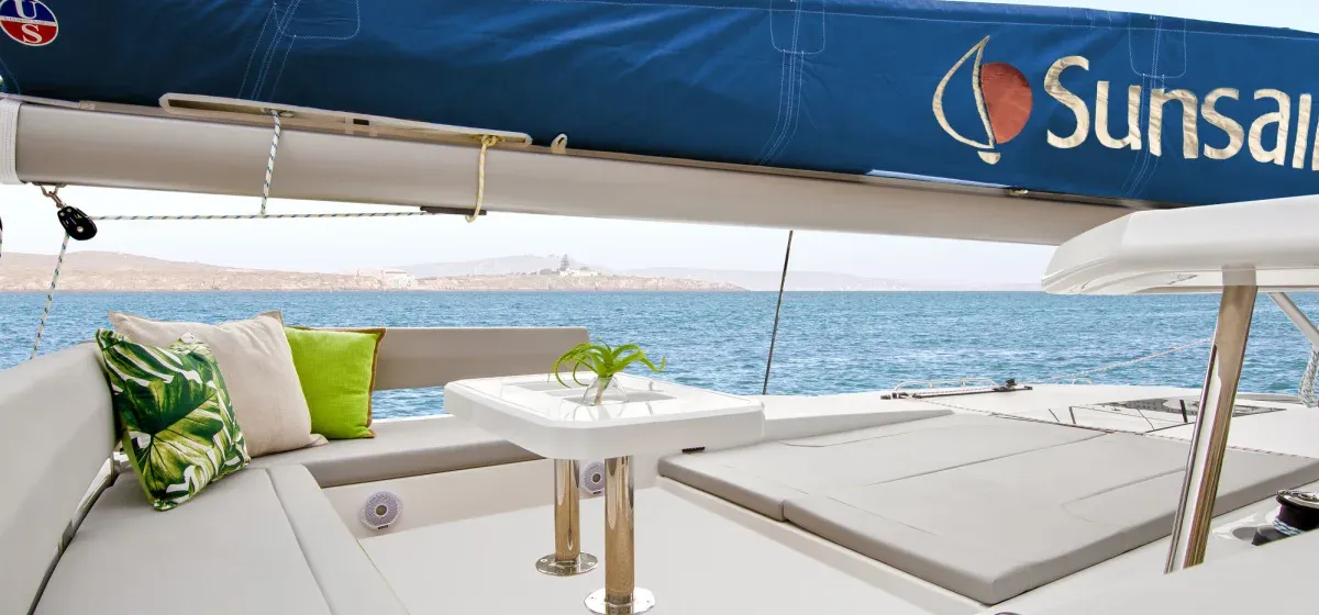 Deck of Sunsail 454L Classic, a Leopard 45 catamaran at Municipal Unit of Lefkada, Greece