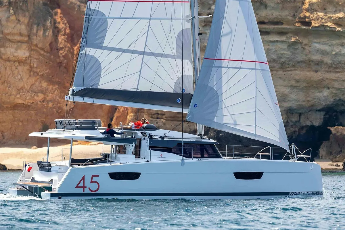 Exterior view of Karina, a Fountaine Pajot Elba 45 catamaran at Procida, Italy