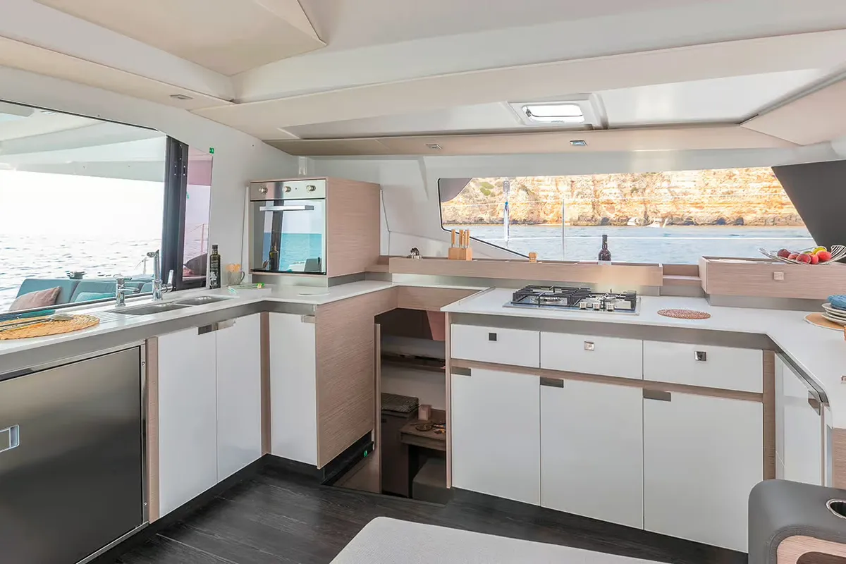 Galley of Karina, a Fountaine Pajot Elba 45 catamaran at Procida, Italy