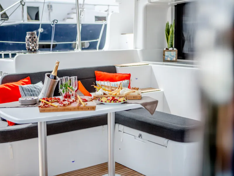 Exterior view of Alice, a Lagoon 46 catamaran at Athens, Greece