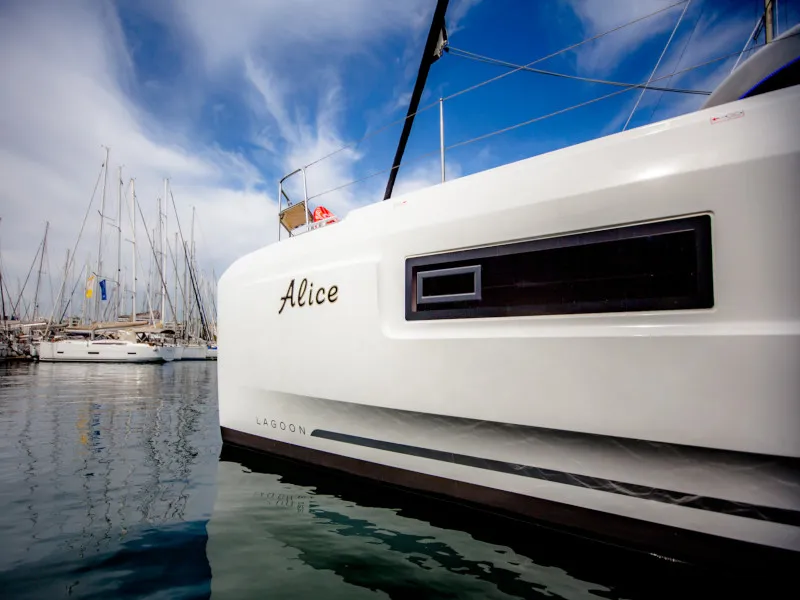 Exterior view of Alice, a Lagoon 46 catamaran at Athens, Greece