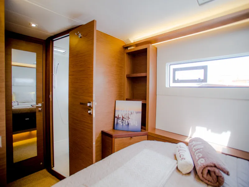 Exterior view of Alice, a Lagoon 46 catamaran at Athens, Greece