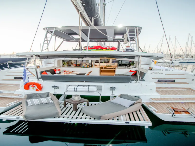 Exterior view of Alice, a Lagoon 46 catamaran at Athens, Greece