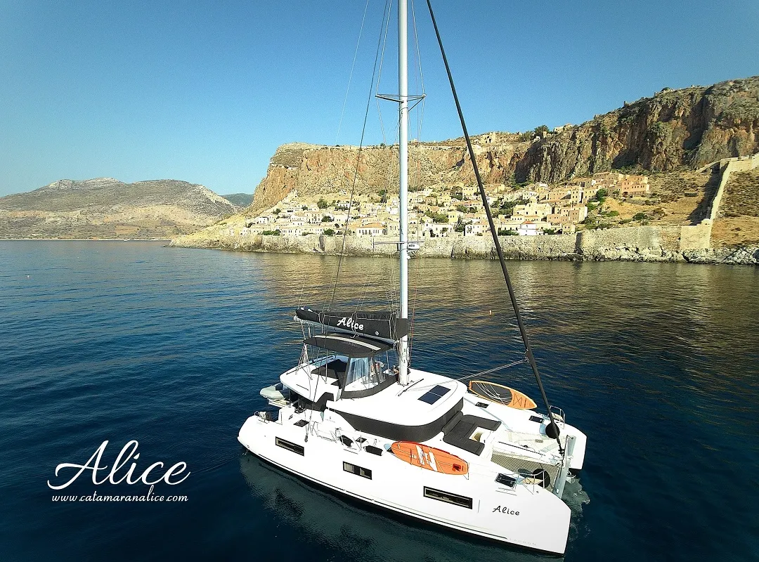 Exterior view of Alice, a Lagoon 46 catamaran at Athens, Greece