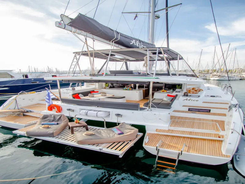 Exterior view of Alice, a Lagoon 46 catamaran at Athens, Greece