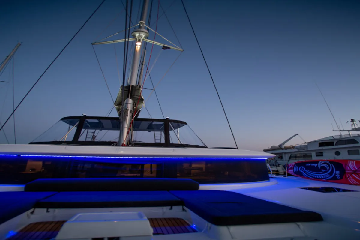 Exterior view of Alice, a Lagoon 46 catamaran at Athens, Greece