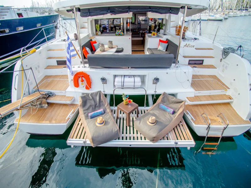 Exterior view of Alice, a Lagoon 46 catamaran at Athens, Greece