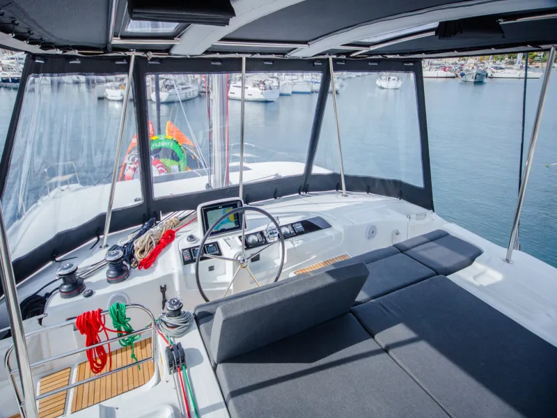 Cockpit of Alice, a Lagoon 46 catamaran at Athens, Greece
