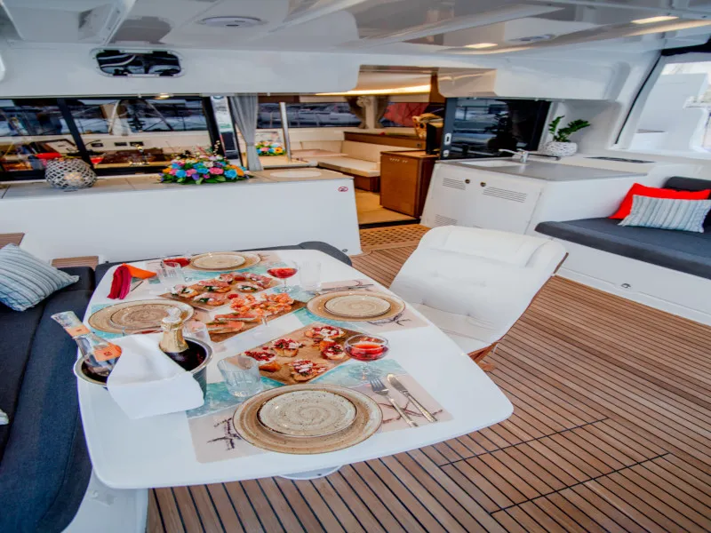 Deck of Alice, a Lagoon 46 catamaran at Athens, Greece