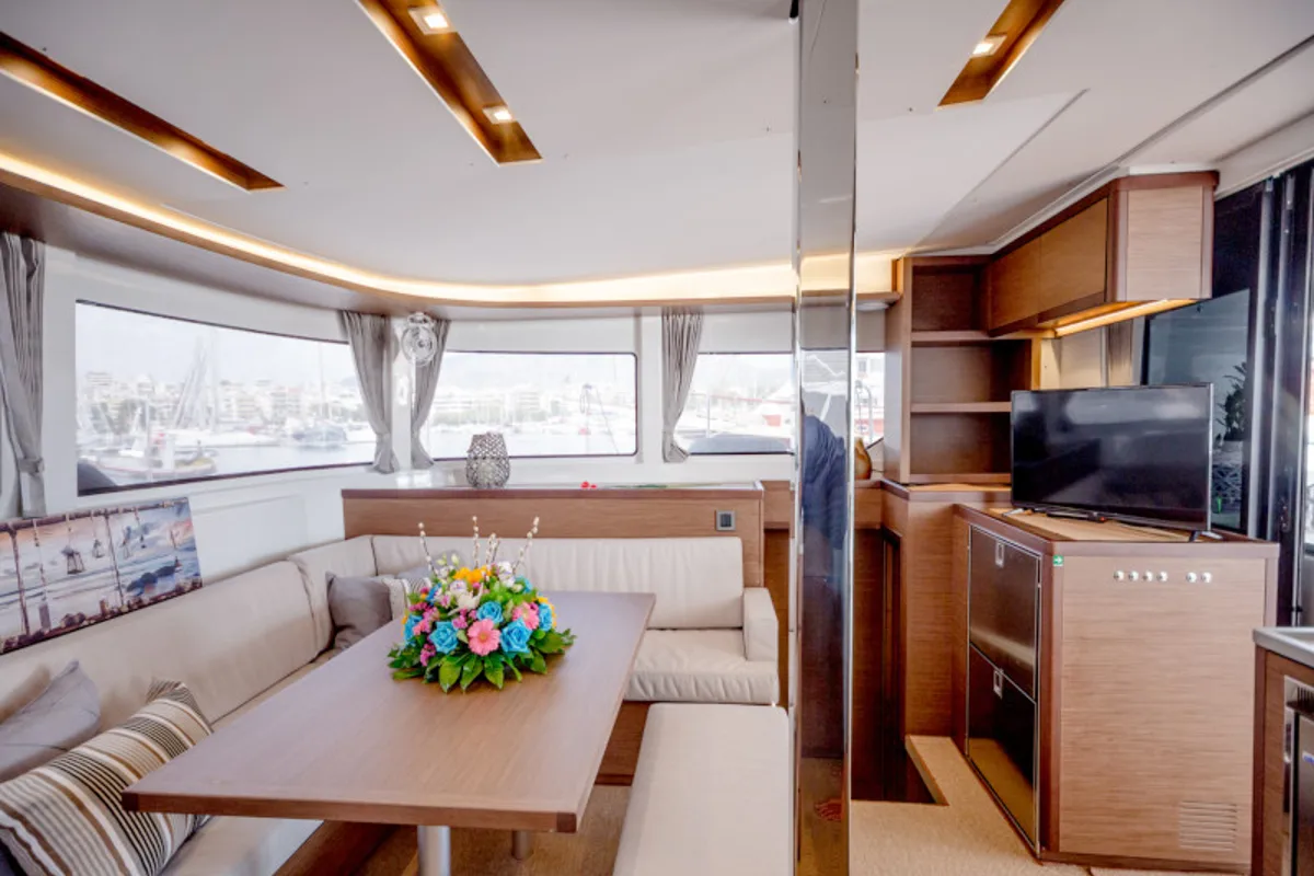 Salon of Alice, a Lagoon 46 catamaran at Athens, Greece